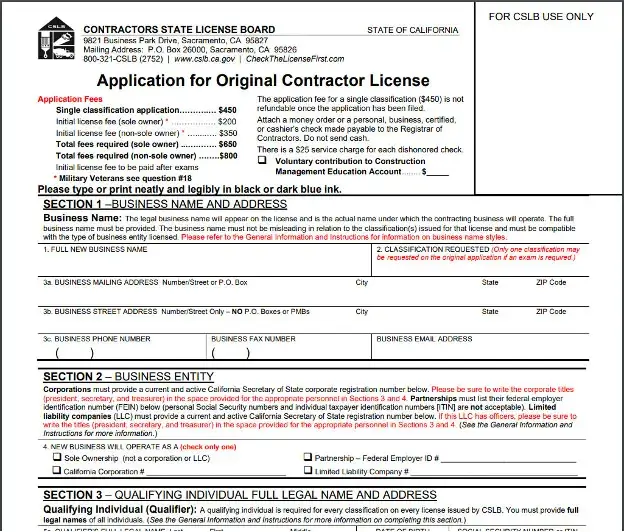 Application for Original Contractor License