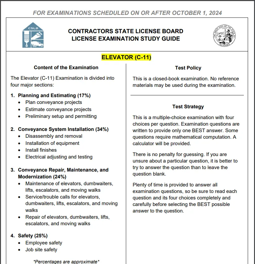 C11 Elevator CSLB Study Guide.