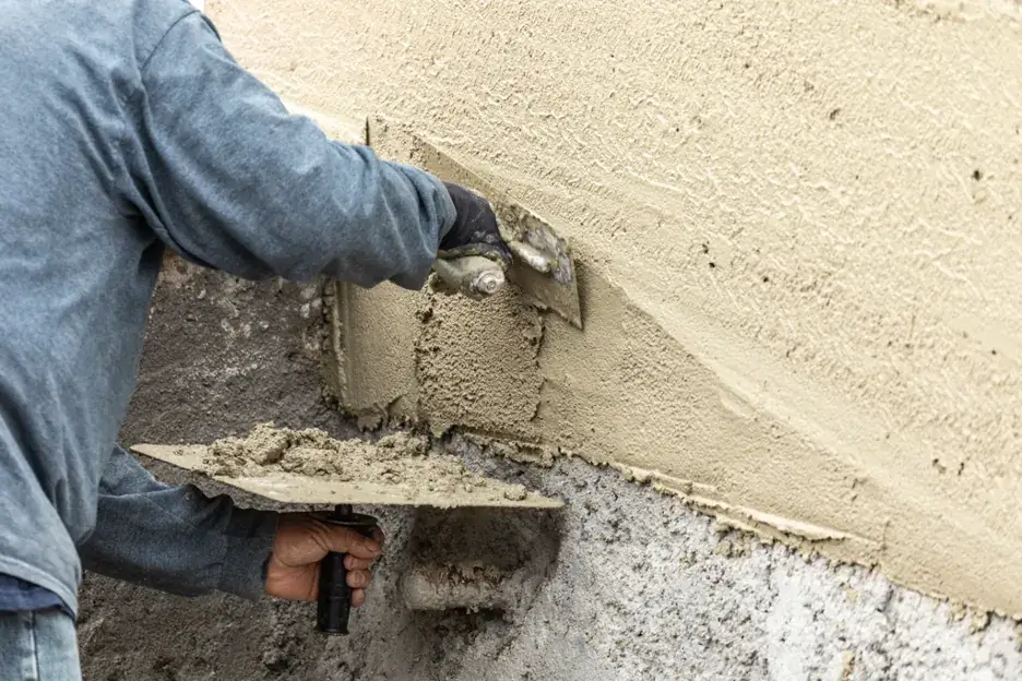 Licensed C35 contractor applying stucco using a hawk and trowel.