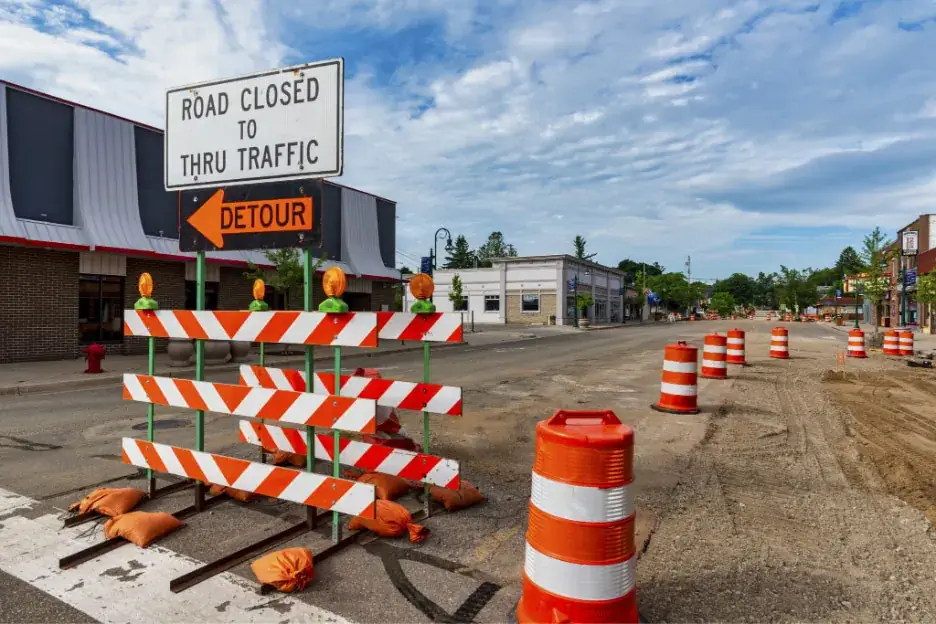 Traffic control equipment set on closed road.